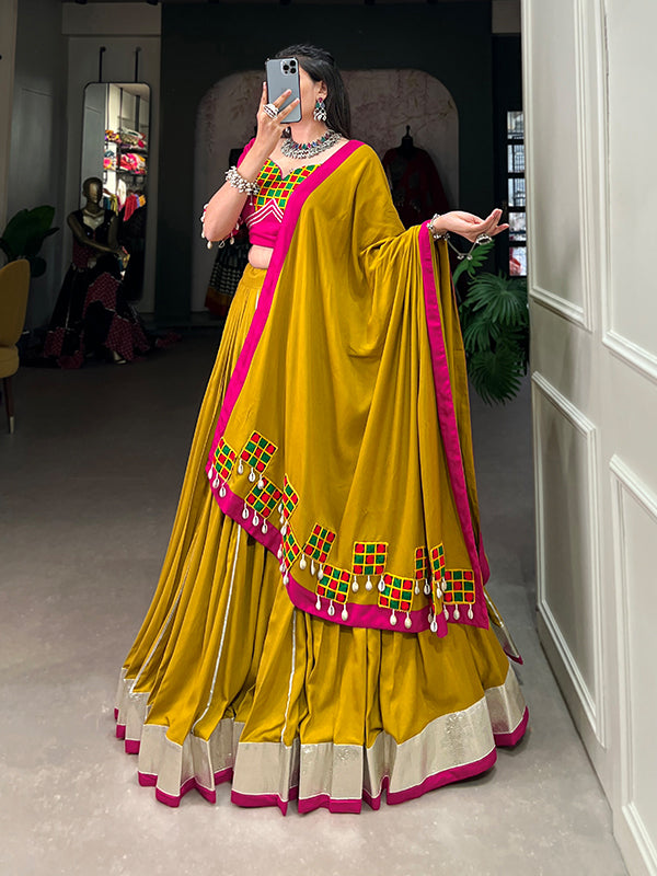 Mustard Yellow Gamthi Work Pure Rayon Lehenga Choli With Dupatta