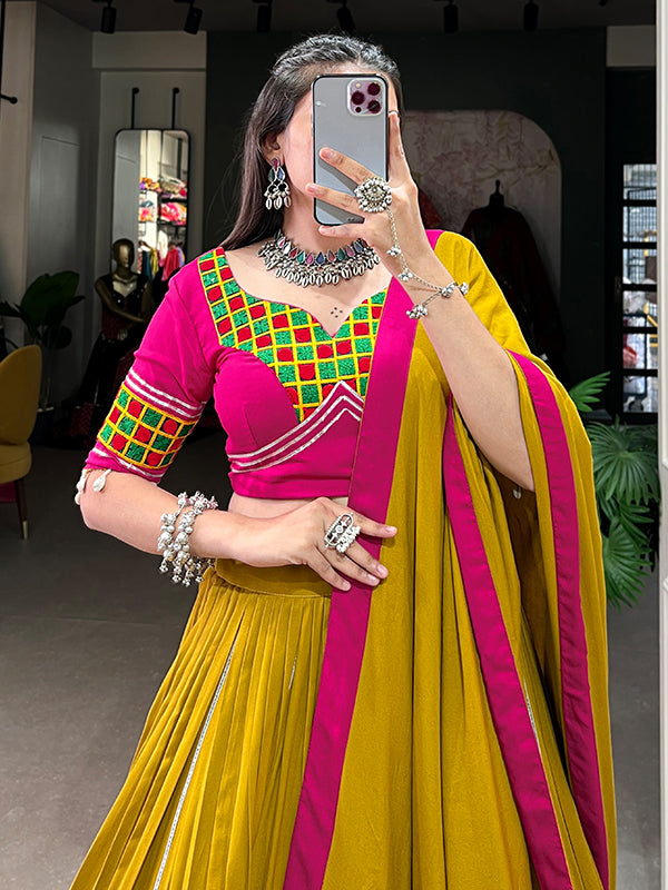 Mustard Yellow Gamthi Work Pure Rayon Lehenga Choli With Dupatta