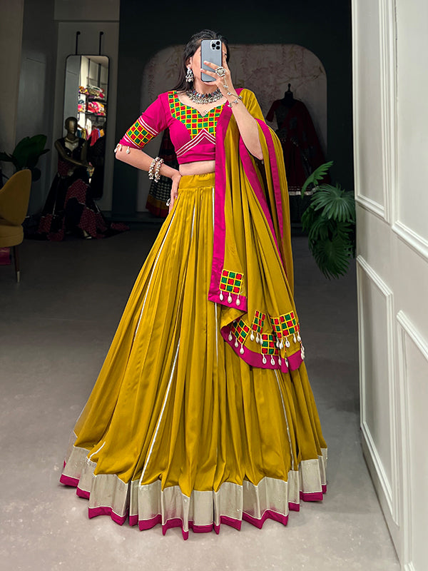 Mustard Yellow Gamthi Work Pure Rayon Lehenga Choli With Dupatta