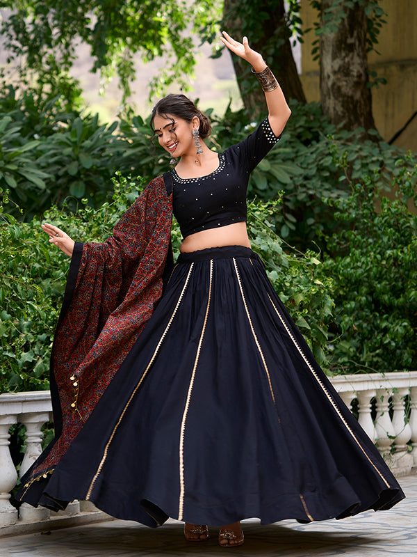Black Real Mirror Hand Work Pure Cotton Lehenga Choli With Dupatta