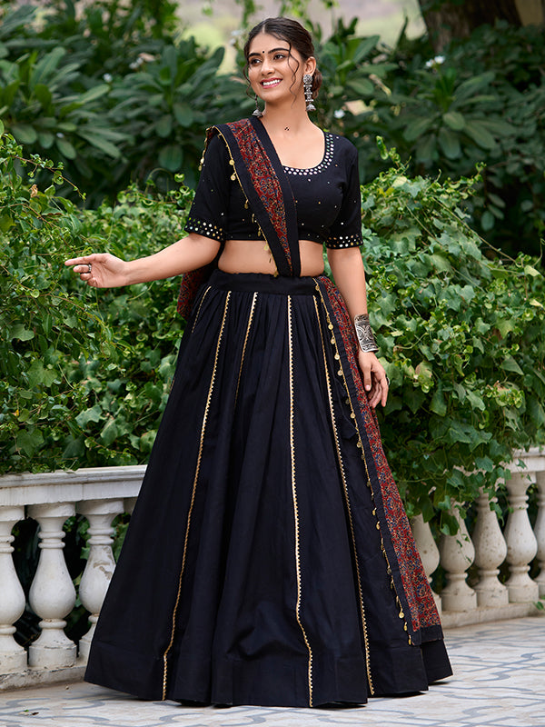 Black Real Mirror Hand Work Pure Cotton Lehenga Choli With Dupatta