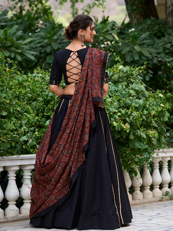 Black Real Mirror Hand Work Pure Cotton Lehenga Choli With Dupatta