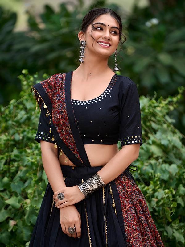 Black Real Mirror Hand Work Pure Cotton Lehenga Choli With Dupatta