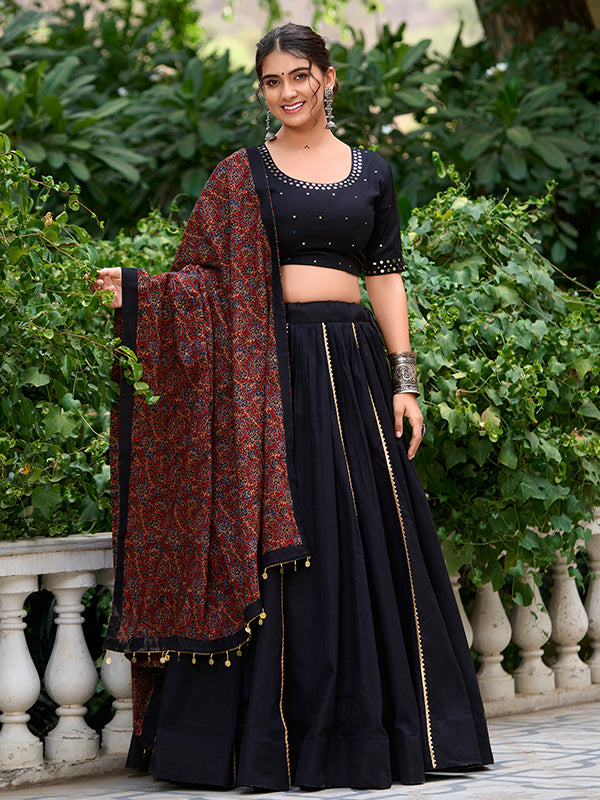 Black Real Mirror Hand Work Pure Cotton Lehenga Choli With Dupatta