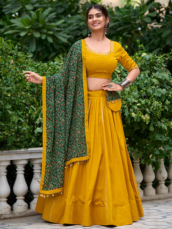 Mustard Yellow Real Mirror Hand Work Pure Cotton Lehenga Choli With Dupatta