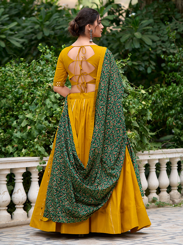 Mustard Yellow Real Mirror Hand Work Pure Cotton Lehenga Choli With Dupatta