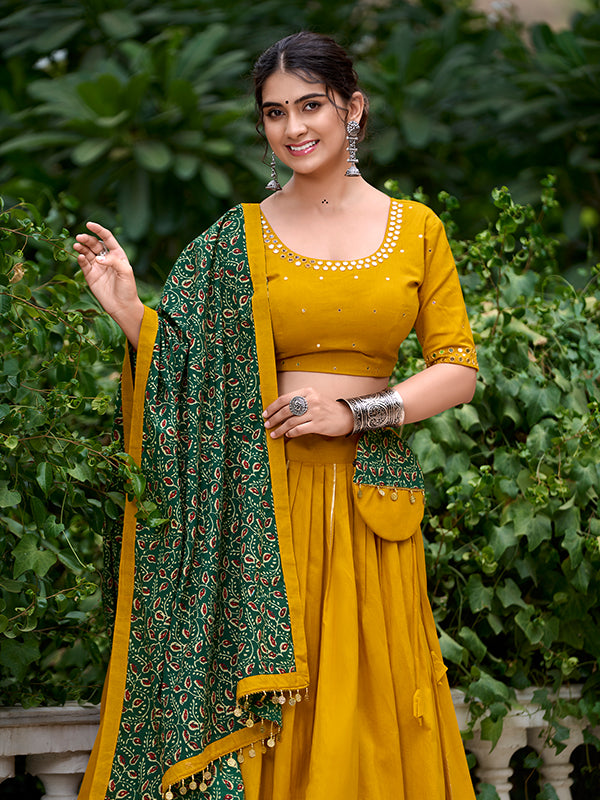 Mustard Yellow Real Mirror Hand Work Pure Cotton Lehenga Choli With Dupatta