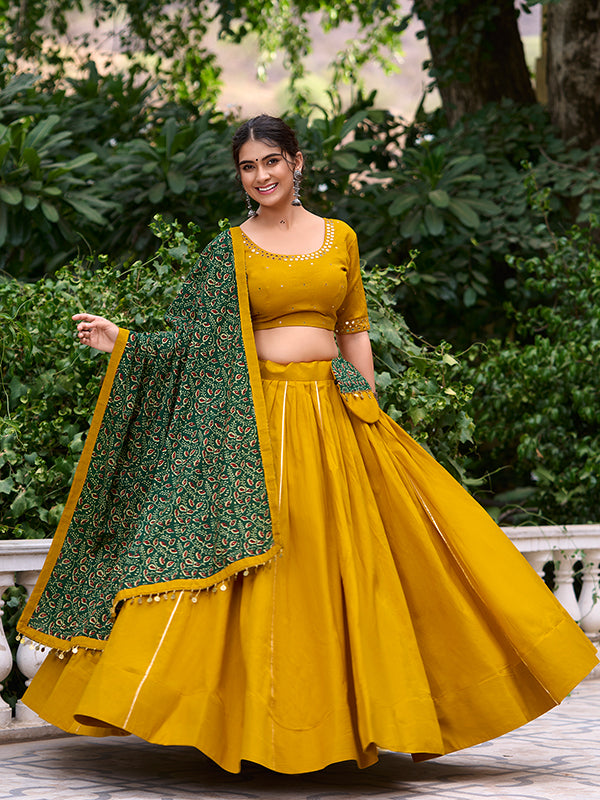 Mustard Yellow Real Mirror Hand Work Pure Cotton Lehenga Choli With Dupatta