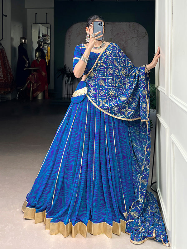 Blue Bandhej Printed Georgette Lehenga Choli With Dupatta