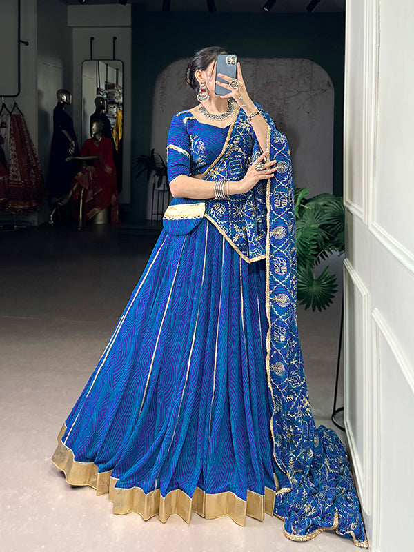 Blue Bandhej Printed Georgette Lehenga Choli With Dupatta