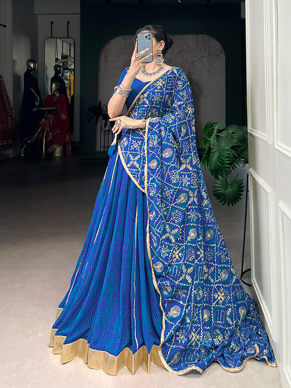 Blue Bandhej Printed Georgette Lehenga Choli With Dupatta