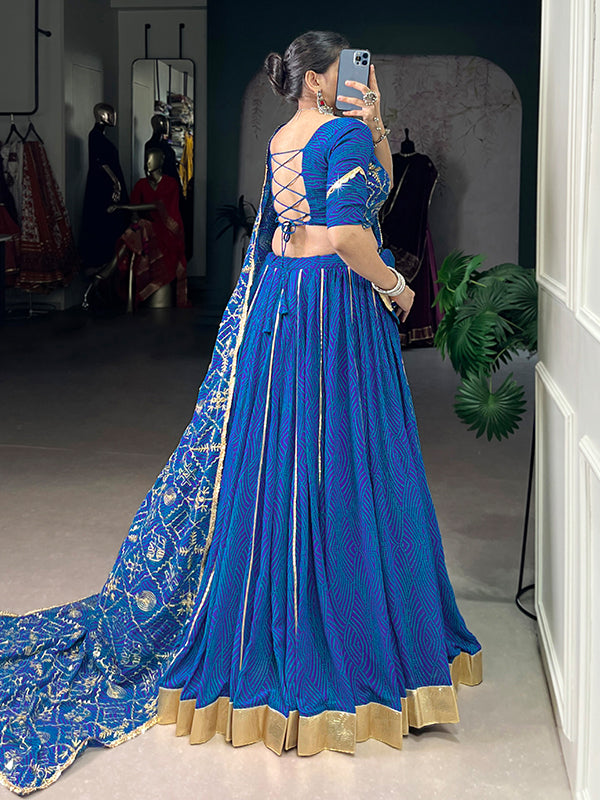 Blue Bandhej Printed Georgette Lehenga Choli With Dupatta