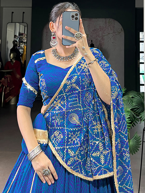 Blue Bandhej Printed Georgette Lehenga Choli With Dupatta