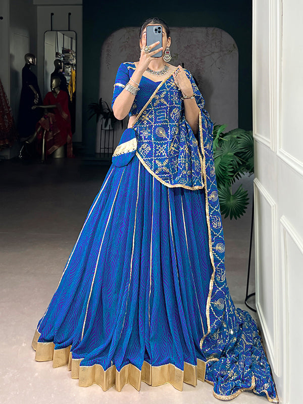 Blue Bandhej Printed Georgette Lehenga Choli With Dupatta