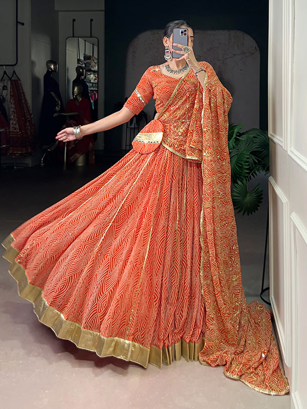 Orange Bandhej Printed Georgette Lehenga Choli With Dupatta