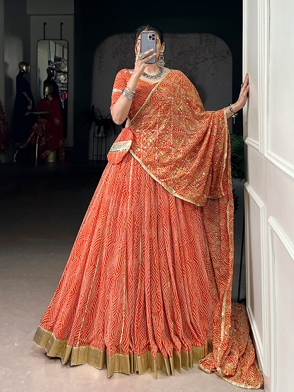 Orange Bandhej Printed Georgette Lehenga Choli With Dupatta