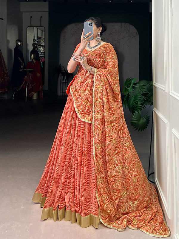 Orange Bandhej Printed Georgette Lehenga Choli With Dupatta