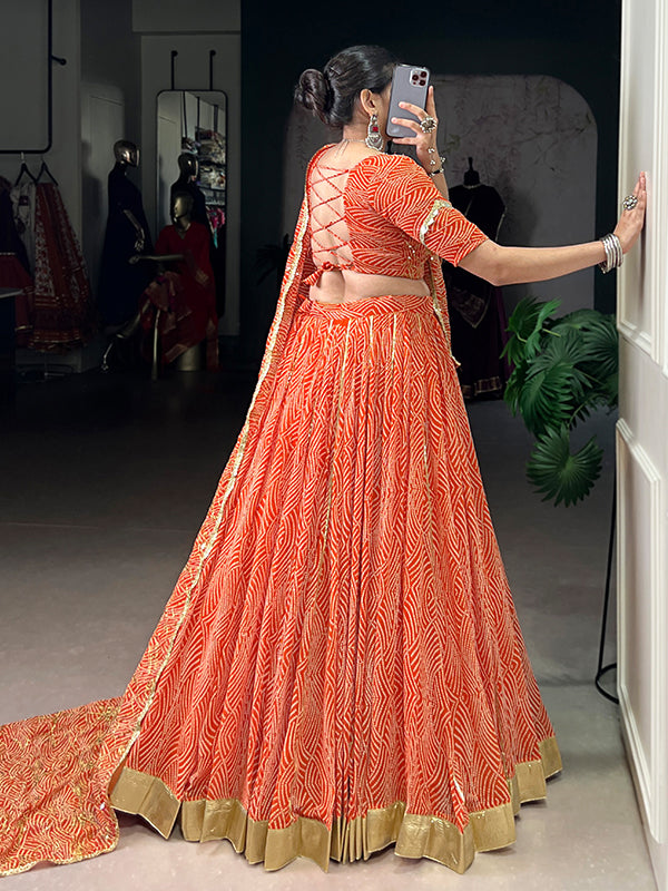 Orange Bandhej Printed Georgette Lehenga Choli With Dupatta