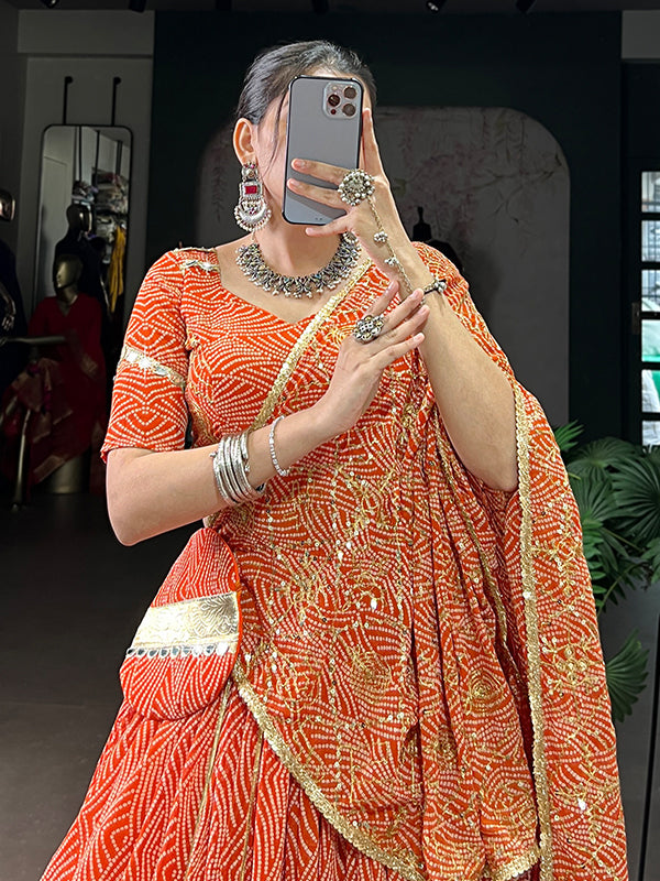 Orange Bandhej Printed Georgette Lehenga Choli With Dupatta