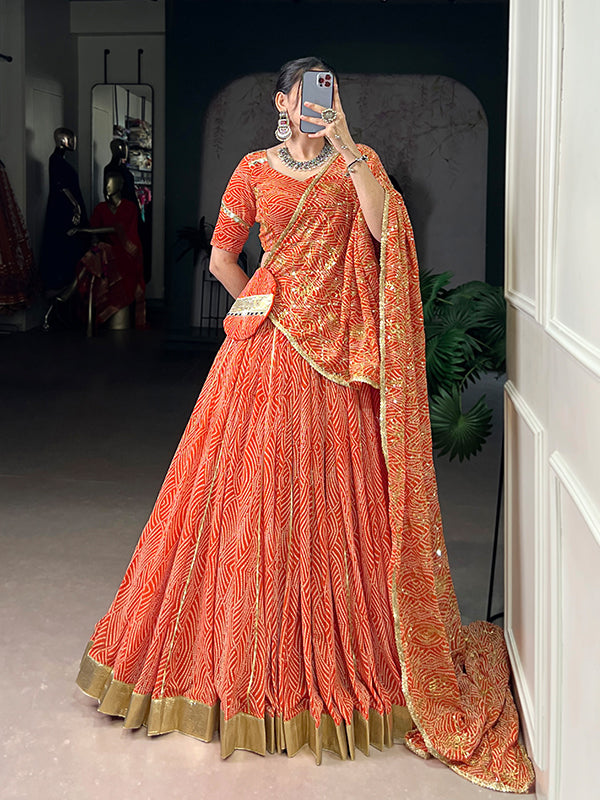 Orange Bandhej Printed Georgette Lehenga Choli With Dupatta
