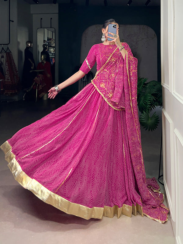 Pink Bandhej Printed Georgette Lehenga Choli With Dupatta