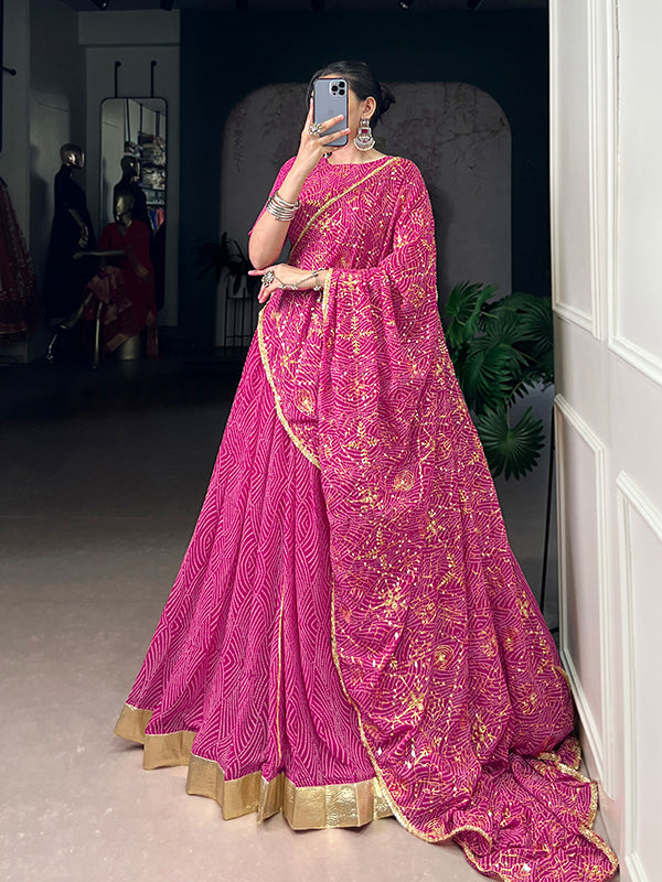 Pink Bandhej Printed Georgette Lehenga Choli With Dupatta
