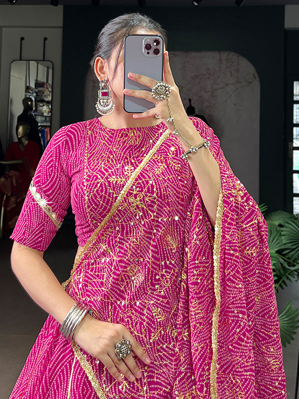 Pink Bandhej Printed Georgette Lehenga Choli With Dupatta