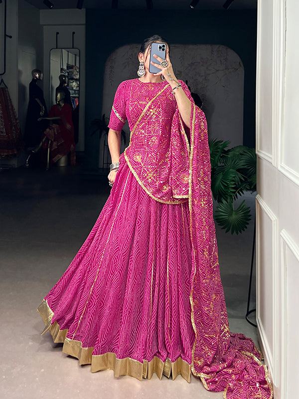 Pink Bandhej Printed Georgette Lehenga Choli With Dupatta