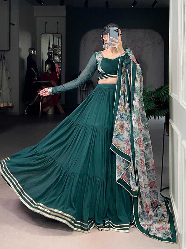 Rama Green Lehenga Choli With Chiffon Floral Printed Dupatta
