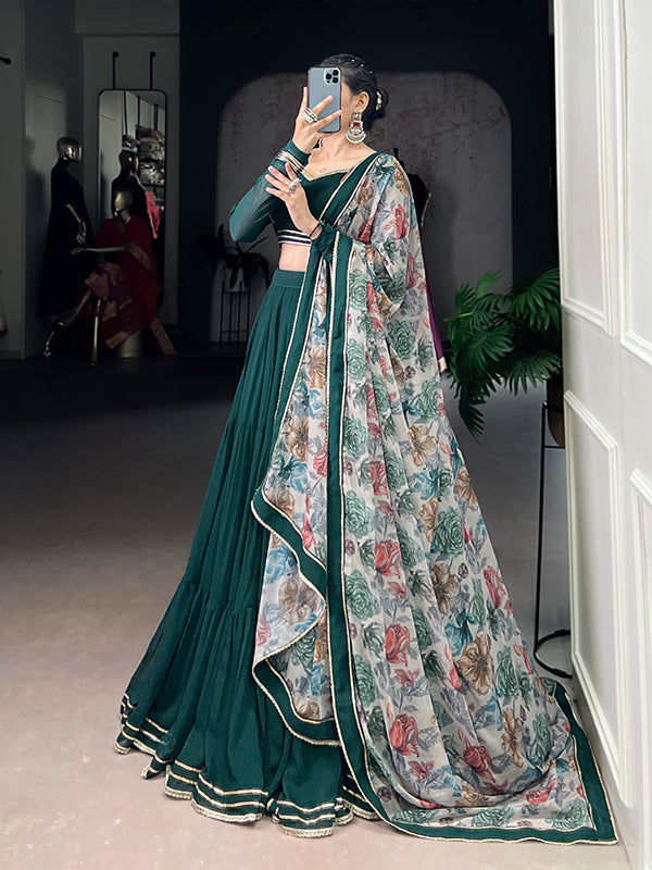 Rama Green Lehenga Choli With Chiffon Floral Printed Dupatta