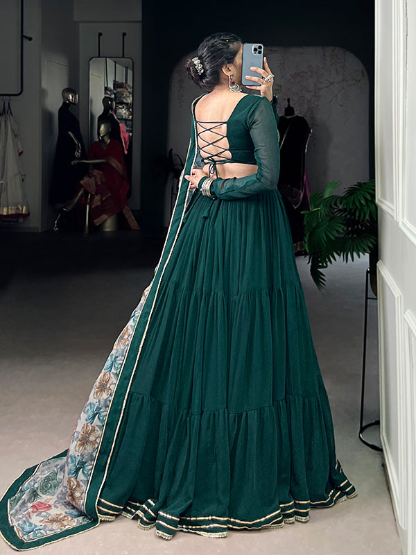 Rama Green Lehenga Choli With Chiffon Floral Printed Dupatta