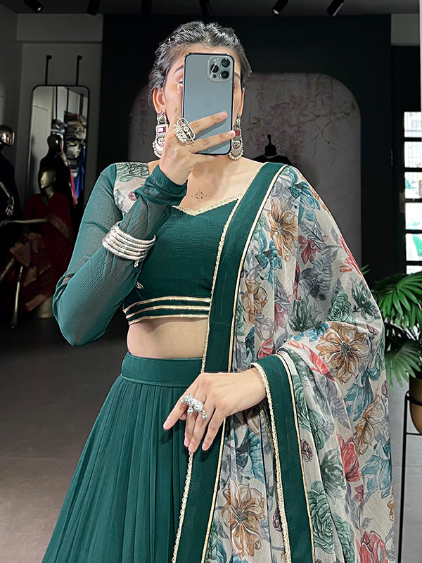 Rama Green Lehenga Choli With Chiffon Floral Printed Dupatta