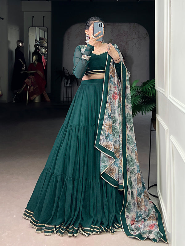 Rama Green Lehenga Choli With Chiffon Floral Printed Dupatta