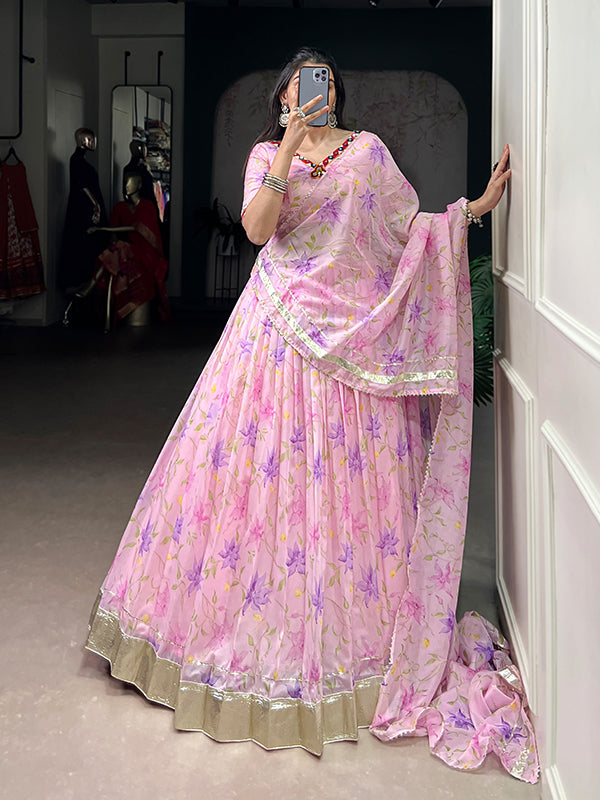 Baby Pink Floral Tabby Silk Lehenga Choli With Dupatta