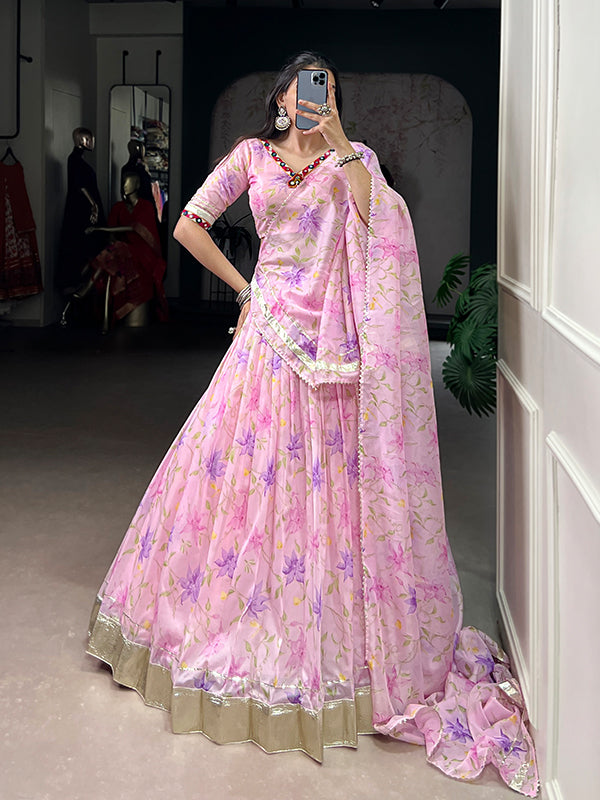 Baby Pink Floral Tabby Silk Lehenga Choli With Dupatta