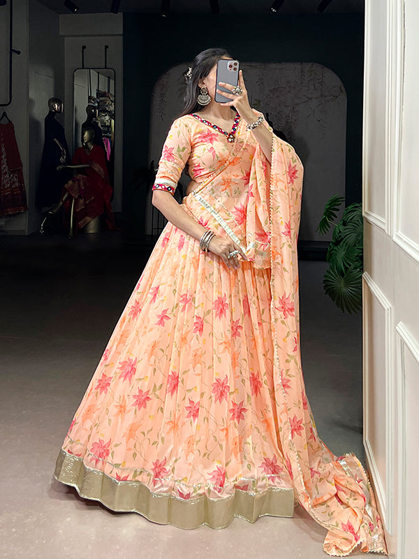 Peach Floral Tabby Silk Lehenga Choli With Dupatta