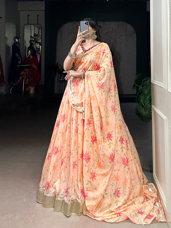 Peach Floral Tabby Silk Lehenga Choli With Dupatta