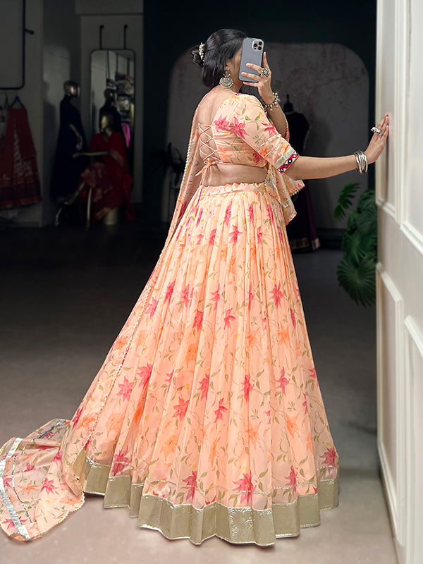 Peach Floral Tabby Silk Lehenga Choli With Dupatta