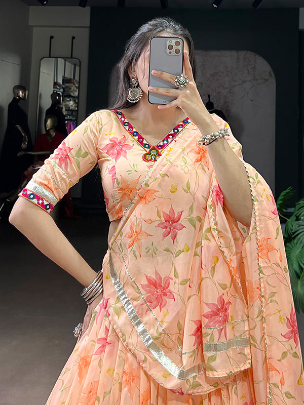 Peach Floral Tabby Silk Lehenga Choli With Dupatta