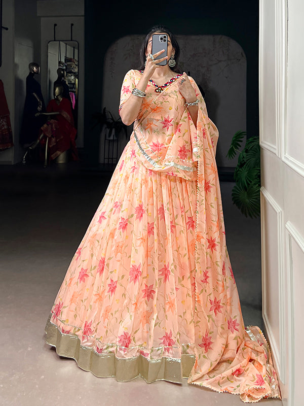 Peach Floral Tabby Silk Lehenga Choli With Dupatta