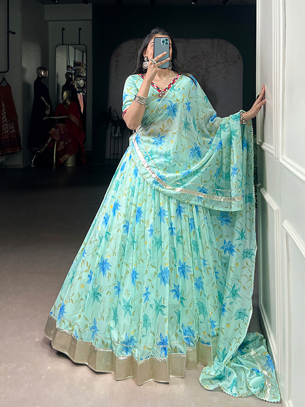 Sky Blue Floral Tabby Silk Lehenga Choli With Dupatta