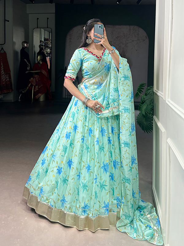 Sky Blue Floral Tabby Silk Lehenga Choli With Dupatta