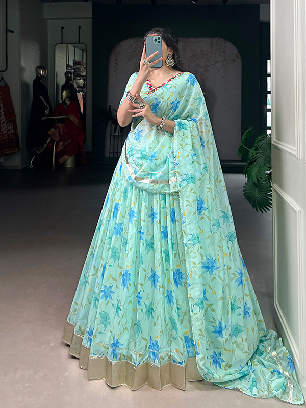 Sky Blue Floral Tabby Silk Lehenga Choli With Dupatta