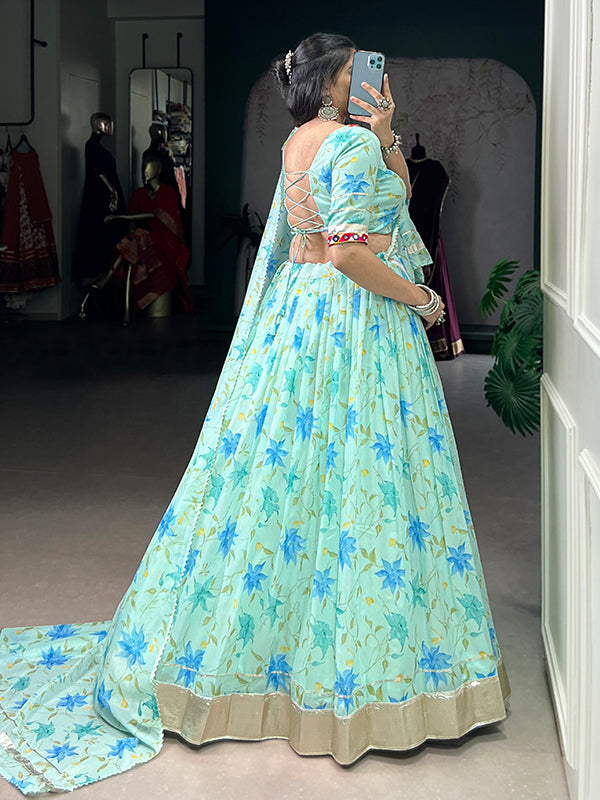 Sky Blue Floral Tabby Silk Lehenga Choli With Dupatta