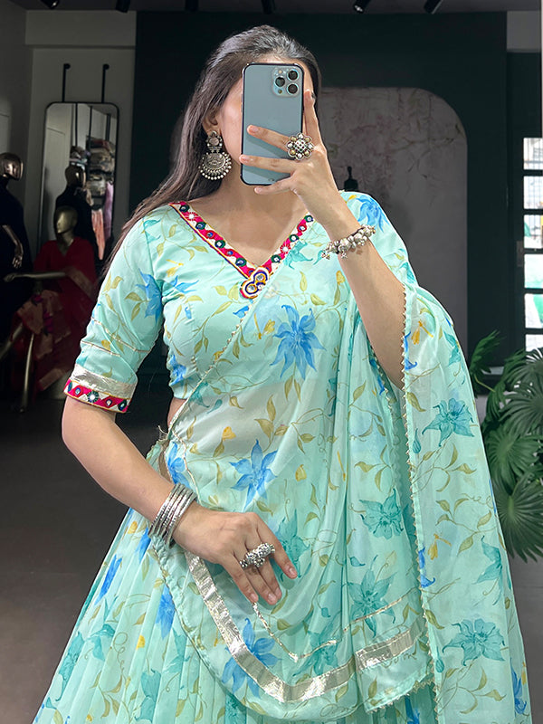 Sky Blue Floral Tabby Silk Lehenga Choli With Dupatta