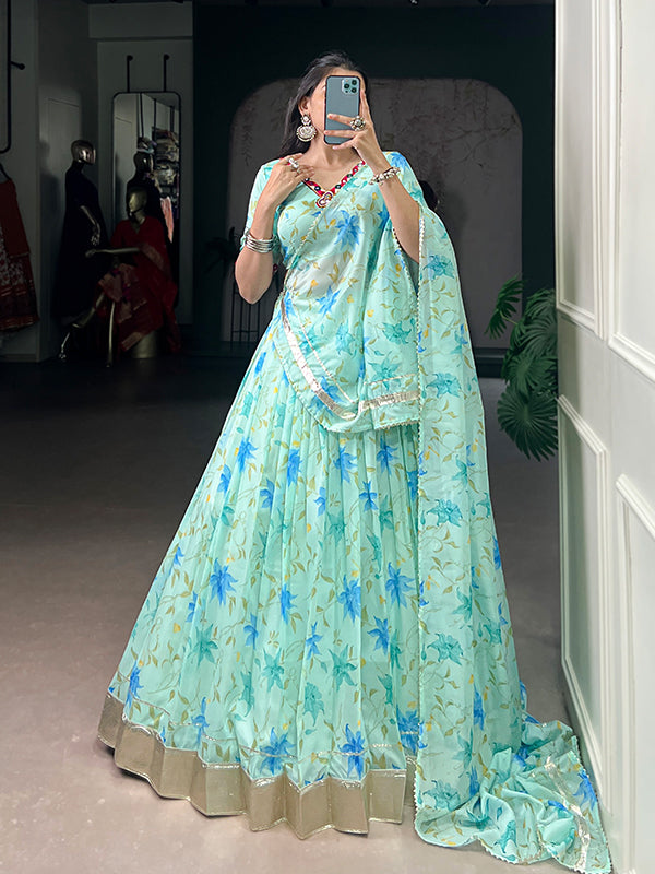 Sky Blue Floral Tabby Silk Lehenga Choli With Dupatta