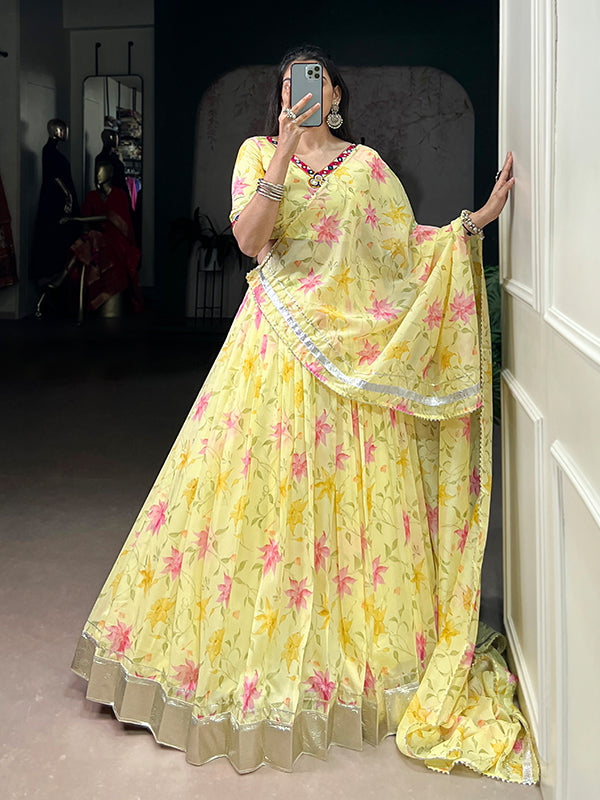 Yellow Floral Tabby Silk Lehenga Choli With Dupatta