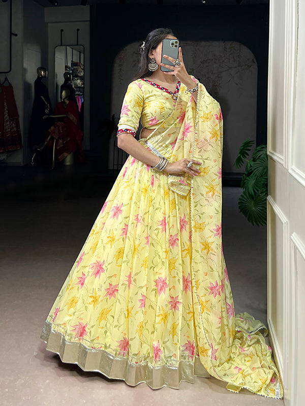 Yellow Floral Tabby Silk Lehenga Choli With Dupatta