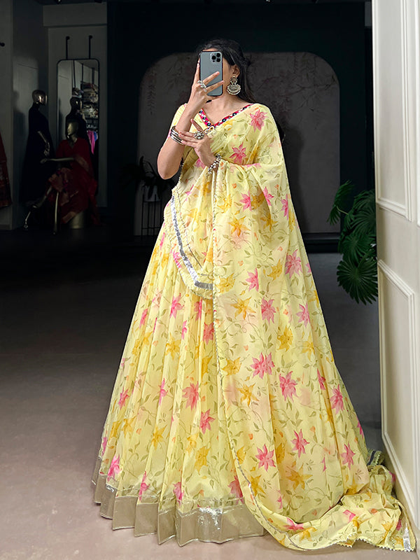 Yellow Floral Tabby Silk Lehenga Choli With Dupatta
