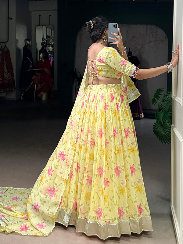 Yellow Floral Tabby Silk Lehenga Choli With Dupatta